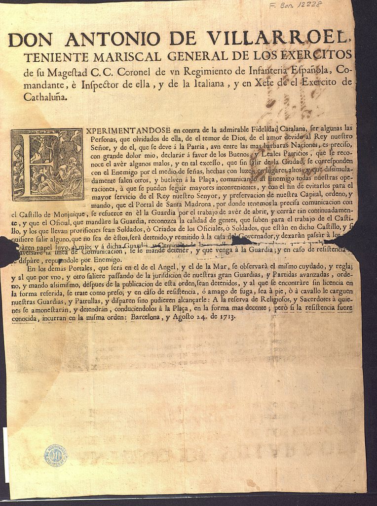 Ordeno y mando de A. de Villarroel. Font Biblioteca de Catalunya. Citat a http://es.wikipedia.org/wiki/Ej%C3%A9rcito_de_Catalu%C3%B1a_(1713-1714) Circular de Villarroel, agosto 1713